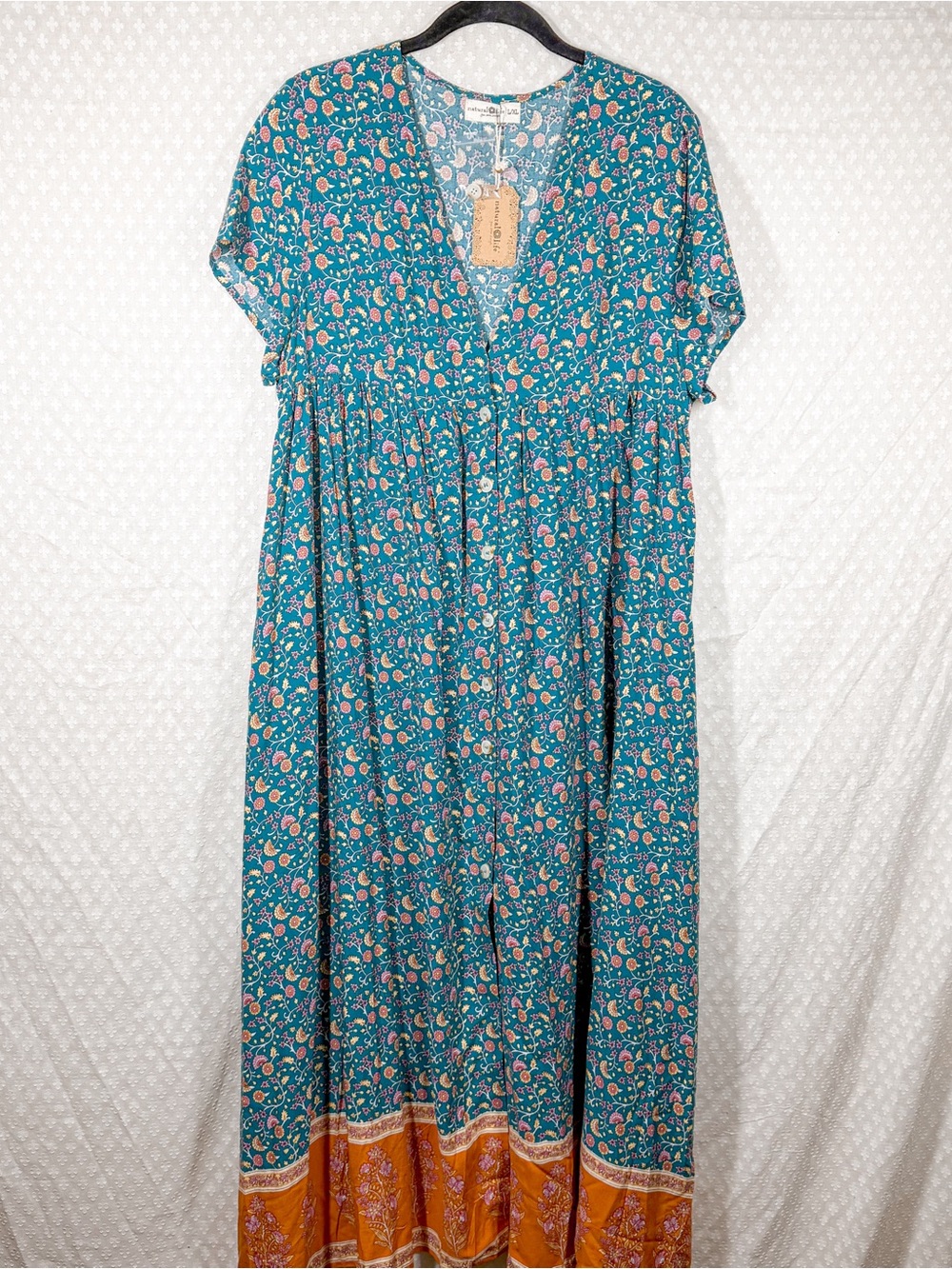 Natural Life NWT Blue Orange Floral Avery Button Down Maxi Dress